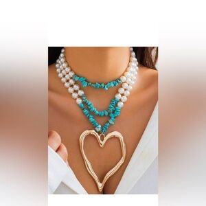 Pearl and Turquoise Multi-Strand Necklace with Gold Heart Pendant, New.